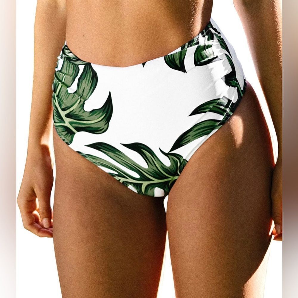 NWT Cupshe high waisted ruched tie tropical leave pattern swim bottom Sz S